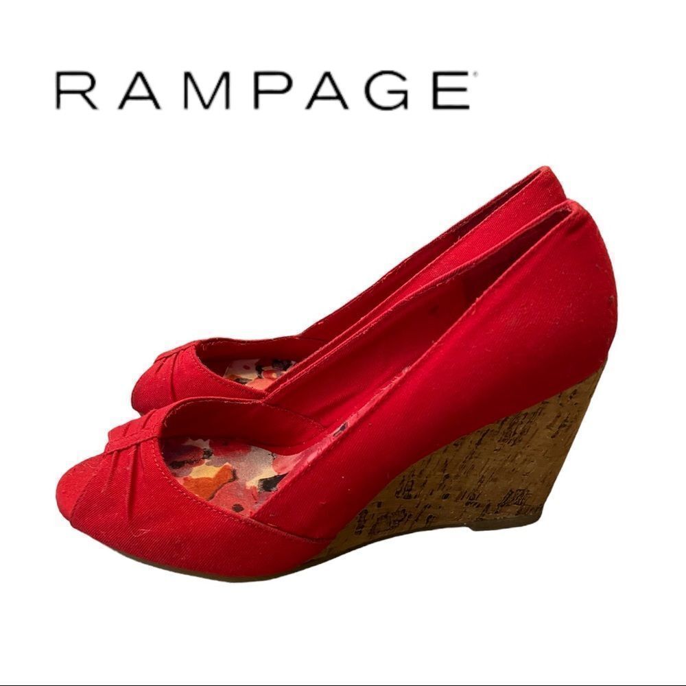 Rampage Women's Red Kayson Canvas Slip On Peep Toe Wedges Sandals 7.5
